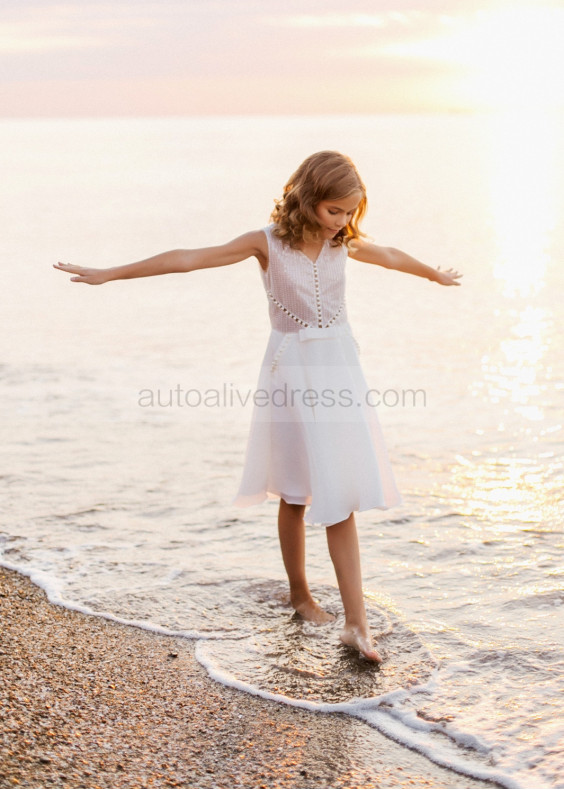 Beaded White Chiffon Pearls Flower Girl Dress With Pockets